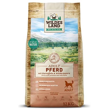 Wildes Land - Nr. 3 Pferd - 12 kg - mit Kartoffeln und Wildkräutern - Glutenfrei & Hypoallergen - Trockenfutter für Hunde - Hundefutter mit hohem Fleischanteil Hohe Verträglichkeit