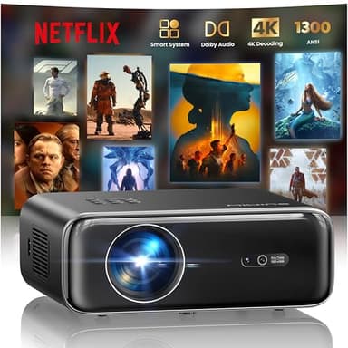 Smart Beamer, jetzt mit Netflix, Dolby Audio, WiMiUS 1300 ANSI Autofokus/6D Trapezkorrektur Led Beamer 4K Heimkino Unterstützt, WiFi Bluetooth Full HD 1080P Outdoor Deckenmontage Projektor für Handy