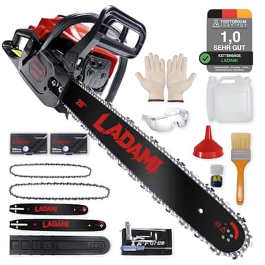 LADAMI Benzin Kettensäge 58CC Profi,2-Takt-Motorsäge,3,5PS Motorkettensäge mit 20 Zoll&16 Zoll Schwert,2 Ketten,Vibrationsdämpfung,Sicherheitsschalter,Benzin-Baumpflegesäge für Holzfällen,Gartenarbeit