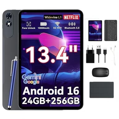 TABWEE T60 Pro Tablet 13,4 Zoll Android 15 Tablet, 120Hz Display, 24GB RAM + 256GB ROM (2TB TF), 10,000mAh Akku, Gaming Tablet, Widevine L1, 5G WiFi, 18W Schnellladung, inkl. Tastatur und Stift.