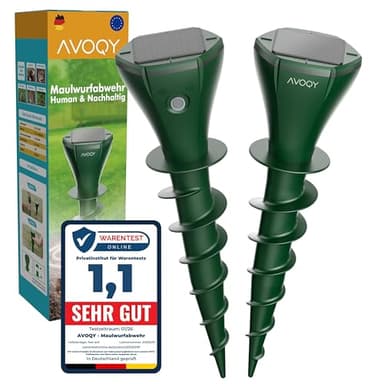 AVOQY Maulwurf Vertreiber Solar [2er-Set] – Ultraschall & Vibrations Maulwurfschreck gegen Maulwürfe und Wühlmäuse, IP65 Wasserdicht, Wetterfest & Tierfreundlich für Garten und Rasen