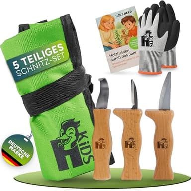 HOLZHELD - Schnitzmesser Kinder ab 4 Jahren - Schnitzwerkzeug Set inkl. Schnittfeste Handschuhe - Schnitzset mit praktischem Etui - Schnitzen Ab 4-8 | Grün Größe 5