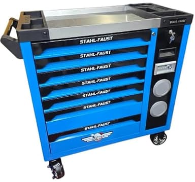 Werkstattwagen Werkzeugwagen mit voll Werkzeug und Musik Box Bestückter Werkzeugwagen mit 7 Schubladen und integrierten Boxen Radio / Bluetooth. •7 Schubladen randvoll bestückt •Abschließbar mit 4