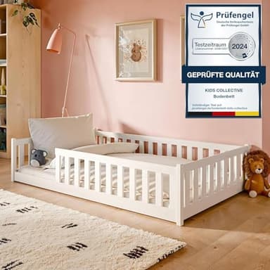 Kids Collective Kinderbett Bodenbett 120x200 cm Bett mit Rausfallschutz & Lattenrost Montessori Bett Bed Gitterbett Kinder Jugendbett Einzelbett | weiß Kiefer Holz massiv Junge Mädchen