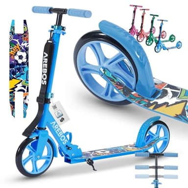 Arebos Cityroller Tretroller Blau Scooter höhenverstellbar | klappbar | inkl. Traggurt | XXL Räder | Tritt-Bremse | für Kinder und Erwachsene | bis 100kg belastbar | Kickroller | Kickscooter
