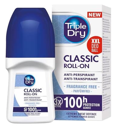 Triple Dry Anti-Transpirant Roll-On | Deoroller gegen starkes Schwitzen | Antibakterielles Deodorant für 100h Schutz | Parfümfreies Antiperspirant | 50ml