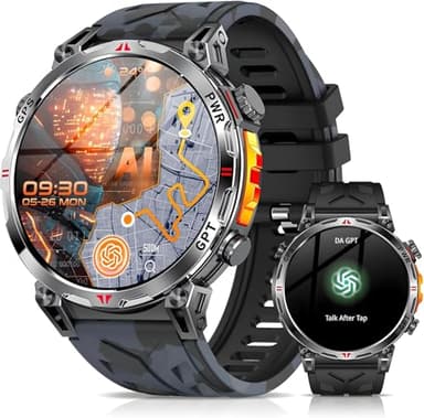 Mingdaln Militärische Smartwatch mit GPS/Kompass, Smartwatch mit GPT-Sprachassistent, 1,56-Zoll-AMOLED-Bildschirm für Männer, kompatibel mit Android und iOS (Bluetooth-Beantwortung/Wählen) (Schwarz)
