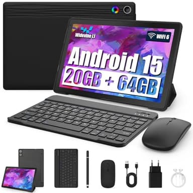 Tablet 10 Zoll 8-in-1 Kit Android 15 Tablet PC mit Hülle Tastatur Maus Stift Kopfhörer Netzstecker Kabel Octa-Core 20 GB RAM 64 GB ROM 1TB TF Erweiterbar 1280x800 IPS Touchscreen 5000 mAh (Schwarz)