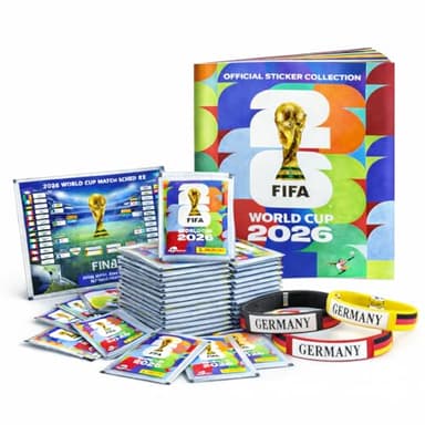 Panini XXL Starter Set Sticker WM 2026 mit 1x Stickeralbum & Stickers zum einkleben - 1x Spielplan zur Weltmeisterschaft 2026 & 3X Armband Deutschand (1 Tüte / 13 St. Set) Eigenmarkenbundle