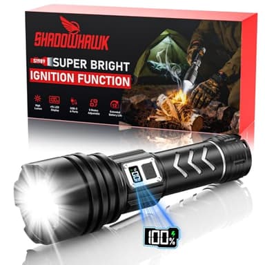 Shadowhawk Taschenlampe Led Aufladbar 600,000 LM - 50W Taktische Taschenlampe Extrem Hell, 1000m Weitschuss & 12H Laufzeit (6000mAh Akku) LCD flashlight für Survival/Outdoor/Camping, Mit Zündfunktion