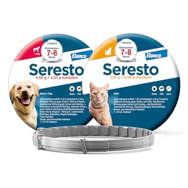Seresto Kombi-Set: 1 Zeckenhalsband für große Hunde ab 8 kg und 1 Zeckenhalsband für Katzen. Bis zu 7 bis 8 Monate wirksamer Schutz gegen Zecken und Flöhe für Ihre Haustiere