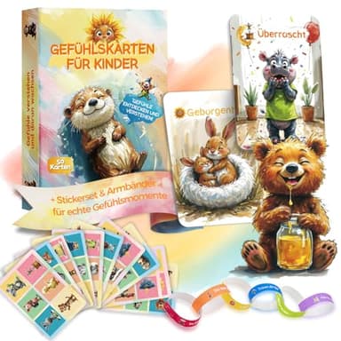 Gefühlskarten Kinder – 50 Emotionskarten für Empathie & Selbstbewusstsein Kinder 3–12 | robust mit Soft-Touch | inkl. Sticker & Armbänder
