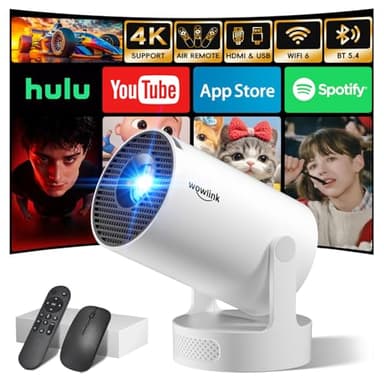 Mini Beamer Unterstützt 4K 1080P, Projektor Tragbarer mit WiFi 6 und Bluetooth 5.4, Beamer Klein Projektor Auto Keystone 180°Dreh Kompatibel mit HDMI/TV Stick/Memory Stick/Laptop, Weiß