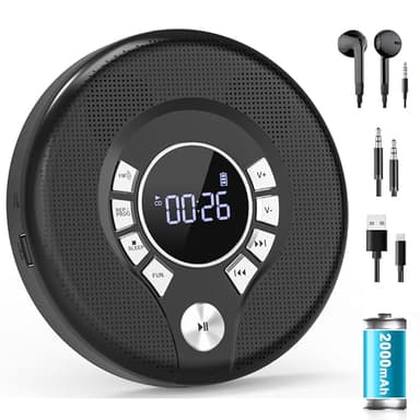 Greadio NEU 2025 CD Player Tragbar mit Kopfhörer, Discman CD Player mit Anti-Skip/Stoßfest und 2000mAh Wiederaufladbarer, Kompatibler FM-Sender, USB, AUX-Ausgang, HiFi-Doppellautsprecher für Auto