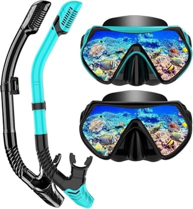 Schnorchelset Erwachsene, Schnorcheln Set mit Anti-Fog Taucherbrille und Dry Schnorchel, Professionelle Schnorchelmaske Tauchmaske aus Gehärtetem Glas für Schnorcheln (Black+Green)