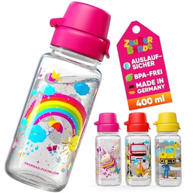 Zauberbande Trinkflasche Kinder auslaufsicher – Regenbogen – 400 ml – Kinder Trinkflasche Kohlensäure geeignet, BPA frei aus Tritan, spülmaschinenfest, Easy-Clean – für Kindergarten und Schule