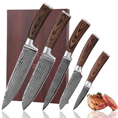 Wakoli EDIB Damastmesser Set (5-teilig) Küchenmesser Set aus 67 Lagen Damaststahl mit VG10-Kern, Pakkaholzgriffen, extrem scharfe Kochmesser, Chefmesser, Santoku, Fleischmesser, Gemüsemesser - Holzbox