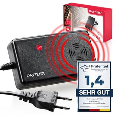 PATTLER ® Marderschreck Auto mit Stecker - für 60m². Marderschreck für Dachboden, Haus, Garten, Garage. Anschluss an Steckdose. Marderabwehr Dachboden mit Ultraschall - 1 Stück