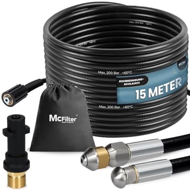 McFilter I Universal Rohrreinigungsschlauch Set, 15m, 200 bar, inkl. Tasche mit Adapter, Düsen starr + rotierend, kompatibel mit Kärcher K2 K3 K4 K5 K6 K7 Hochdruckreiniger
