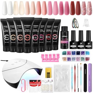 PHOENIXY Nagelset Gelnägel Starterset, 8 Farben Gel Nägel Set mit 36W U V/LED Nagellampe, Poly Nagelgel Set mit Manicure Tools Komplette Poly Nail Gel Starter Set Geschenk für Frauen