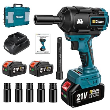 Gisam 1200Nm Akku Schlagschrauber mit 8000mAh Akkus und Schnellladegerät, 1/2 Bürstenloser Akku Schlagschrauber Reifenwechsel mit 5 Steckschlüsselsatz für Autos, Gerüst (000-Mit 2 Akku)