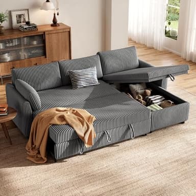 HOMRELEXA Ecksofa mit Schlaffunktion, Cord-Bezug Schlafcouch in L-Form, Schlafsofa Ausziehbar, Ausziehbares Sofa mit Stauraum, Umkehrbare Chaiselongue (Links oder rechts), Grau