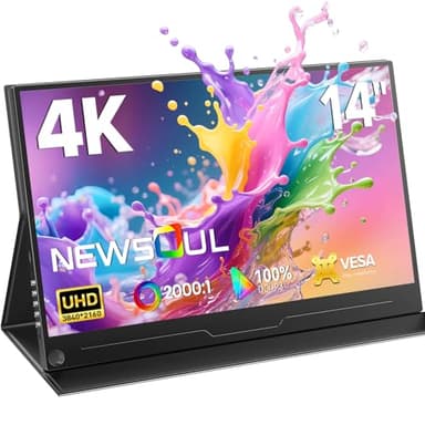 Newsoul 14 Zoll 4K Portable Monitor, QLED Tragbarer Monitor mit 2000:1 Contrast, 100% DCI P3, 450 Nits, Tragbarer Mobiler 3840x2160 UHD Bildschirm mit HDMI & 2 Typ C Ports für Laptop/PC/PS5/4/Xbox