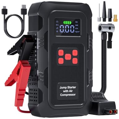 Povasee Starthilfe Powerbank für Pkw mit Kompressor 150 PSI, 6000A Starter Powerbank mit Elektrische Luftpumpe, 12V Auto Starthilfe (10L Benzin/8L Diesel), Jump Starter mit Taschenlampe (Rot)