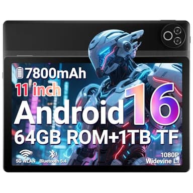 Laptok Tablet 11 Zoll, Android 16 Tablet mit 20GB RAM 64GB ROM/1TB TF, 7800mAh Akku, 5G WiFi, Widevine L1, Bluetooth 5.4, 1080P Display, 5MP+8MP Kamera, OTG, Schwarz