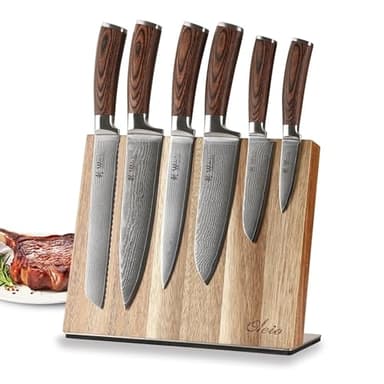 Wakoli EDIB 6-teiliges Küchenmesser Set - Damaststahl (VG10 Kern) mit magnetischem Messerblock – Office, Brot, Koch, Santoku & Fleischmesser – Scharf & ergonomisch – Damastmesser mit Pakkaholzgriffen