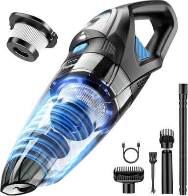 Topipop Handstaubsauger Akku mit 25000Pa Starke Saugkraft,Kabelloser Staubsauger mit HEPA-Filter & Aufsätzen–Leichter Autostaubsauger für Tierhaare,Teppich Haus,Büro,Küche (Schwarz)