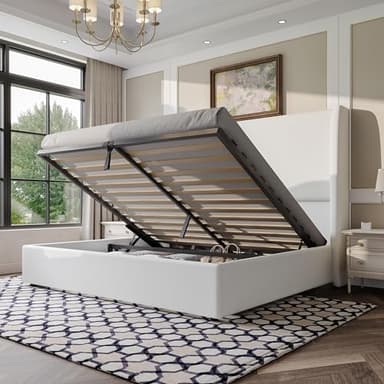 LUXOAK Hydraulisch Stauraumbett Doppelbett mit 120cm Flügel-Kopfteil, Massivholzlatten Polster Bettgestell, schnelle Montage, Leinenstoff, Ohne Matratze (Weiß, 140 x 200 cm)