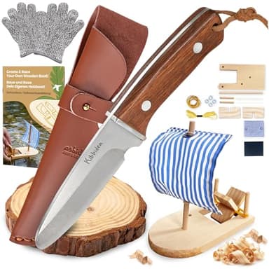 Kibbidea Schnitzmesser für Kinder, Edelstahl, Sicheres Taschenmesser, Lindenholz, Schnitzen-Komplett-Set, Kindermesser, Bastel-Set für Kinder ab 8 Jahre