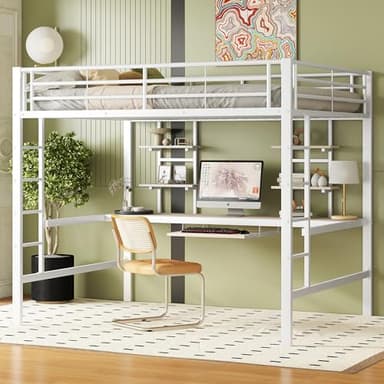 Gxffipw Hochbett Jugendbett 140x200 cm mit Schreibtisch und 2 Regal, Kinderbett mit Rausfallschutz, Etagenbett Bettgestell mit Metallrahmen und 2 Leiter, Metallbett, Weiß, Ohne Matratze