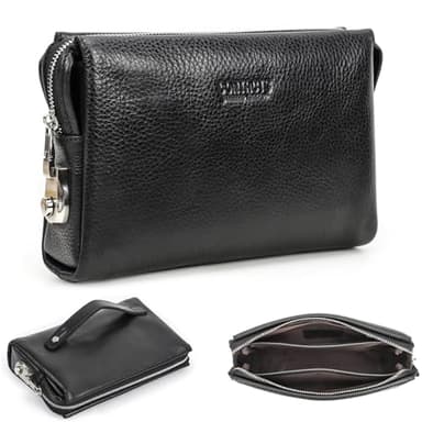 CONTACTS Herren-Leder-Clutch Geschäftsreise Reißverschluss-Clutch mit Zahlenschloss Lange Retro-Brieftasche mit Handschlaufe Schwarz