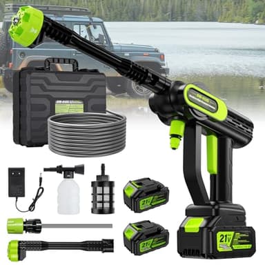 Akku Hochdruckreiniger 100 Bar, Druckreiniger Akku 14-mm Wasserauslass 10L/min, 2 x 4000mAh Akku, 6-in-1 Düse, 5-Meter-Schlauch und Aufbewahrungsbox für die Garten, Balkon, Auto, Bewässerung