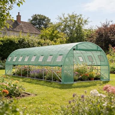 UISEBRT Gewächshaus Foliengewächshaus mit 2 Tür,16 Aufrollbare Fenster mit Moskitonetz,Folientunnel Tomatenhaus aus verzinktem Stahl, PE, Folienzelt inkl. Erdanker & Seilen,800x300x200cm