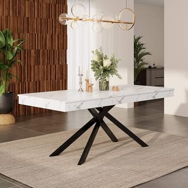 Lahoomu Ausziehbarer Esstisch, 140/180 * 80 cm, für 6-8 Personen, Verdickte Tischplatte, Metallbeine, Tisch für Esszimmer, Küche, Wohnzimmer, Weiß