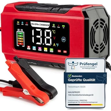 HAUSPROFI 15A Autobatterieladegerät 12V/24V mit Reparaturmodus & Erhaltungsladung, 9-Stufen-Ladung, LCD-Display für Auto, LKW, Motorrad, Boot - Kompatibel mit Blei-Säure, AGM, EFB, LiFePO4 Batterien