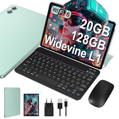 JUEDUR Neueste Android Tablet 10 Zoll, 20GB RAM+128GB ROM(1TB TF), 5G+2.4G WiFi 6, Octa-Core 1.8 GHz, Widevine L1, 1280 * 800, 6000mAh, 5MP+8MP, BT5.0, Mit Tastatur und Maus - Creek Grün