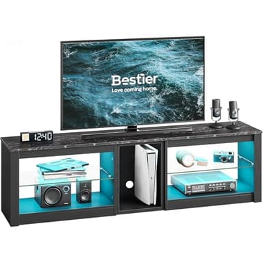 Bestier TV-Schrank, Lowboard für 65 Zoll & kleinere TVs, 160 x 35 x 52 cm, Fernsehschrank mit RGB-LED-Leuchten, Fernsehtisch mit integriertes Kabelmanagement, verstellbare Glasschale