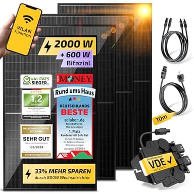 Solakon Balkonkraftwerk 2000W komplett Steckdose - Balkonkraftwerk 2000 Watt neuester Wechselrichter 800W - Solaranlage Komplettset mit 4x500W Solarpanel/Solar Panels mit 10m Kabel