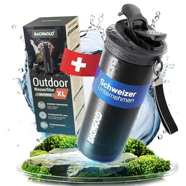 Bachgold® Profi Outdoor Wasserfilter Flasche mit 1500L Filterkapazität I Entfernt 99,99% aller Bakterien und filtert Mikroplastik, Partikel und Chlor I Blackout & Krisensicher (Schwarz, 800ml)