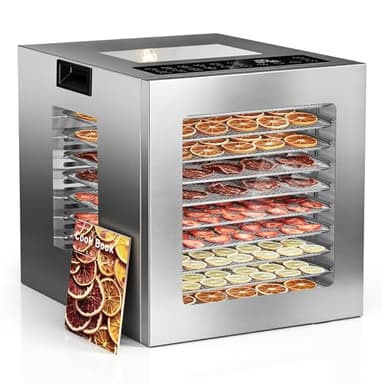 TRIUMPHKEY Dörrautomat Edelstahl – 10 Edelstahl-Tabletts, variable Temperaturkontrolle, 48h Timer, 10 Presets, 850W, für Beef Jerky, Obst, Gemüse & Kräuter, inkl. Rezeptbuch mit 67+ Ideen