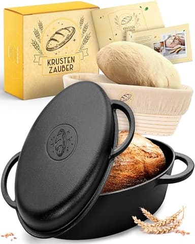 KRUSTENZAUBER 34cm Gusseisen Bräter mit Deckel backofengeeignet inkl. Gärkorb - ovaler Gusseisen Topf Brot Backen - Ideal als Ofenform, Bräter Induktion, Brotbacktopf, Brot Backen Zubehör