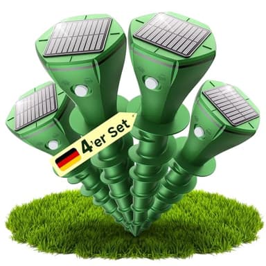 Maulwurf Vertreiber, Premium Solar Wühlmausschreck 4er Pack - Humane Ultraschall- & Vibrations-Abwehr gegen Maulwürfe & Wühlmäuse, Solarbetrieben, Wasserdicht IP65, Für Garten & Rasen Grün