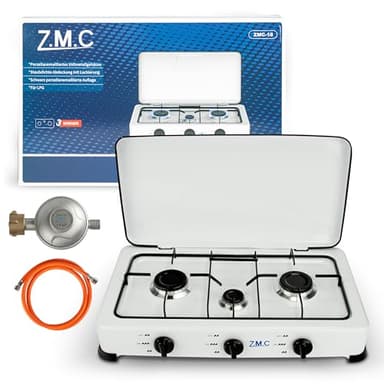 ZMC Gaskocher 3-flammig, Campingkocher mit Schlauch & Regler, für Propangas LPG, 2X 2,2 kW + 1x 1,0 kW Brenner, Dreiflammiger Kocher für Outdoor Camping Küche, 2-Stufen-Flamme, 393 g/h Verbrauch