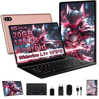 Tablet 10 Zoll Android Ultraschnelles PC mit, Widevine L1,5G WiFi 6, Octa-Core, 20GB RAM + 128GB ROM (TF 2TB), FHD IPS, Doppelkamera, Bluetooth 5.0, 2026 Neueste Tablet mit Tastatur und Maus, Rose ﻿