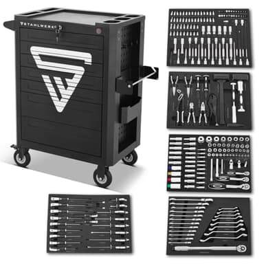STAHLWERK Werkstattwagen Shark bestückt mit 235 Premium-Werkzeugen aus Chrom-Vanadium abschließbarer Werkzeugwagen | Profi Montagewagen mit 7 Schubladen und gummierten Long-Life-Rollen
