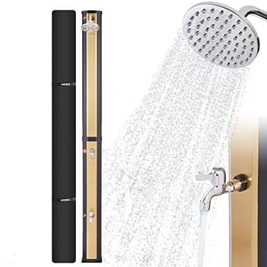 Arebos Solardusche 35 L | mit integrierter Fußdusche| runder Duschkopf | Snap-In Technologie | Wassertemperatur bis zu 60°C | inkl. Montagematerial & Abdeckhaube | Schwarz-Gold